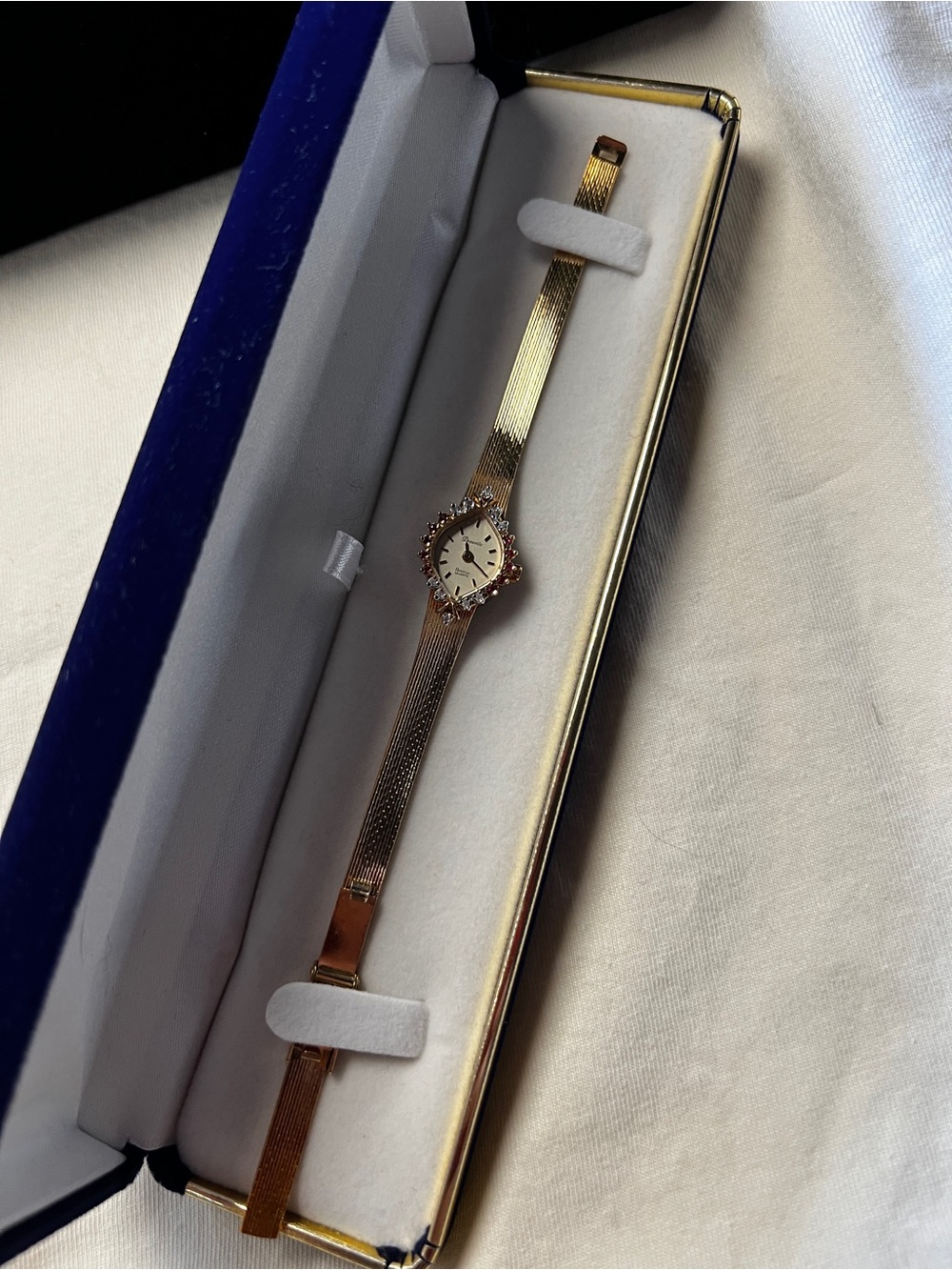 Danville Gold Tone Bracelet Watch with Diamond and Ruby Bezel